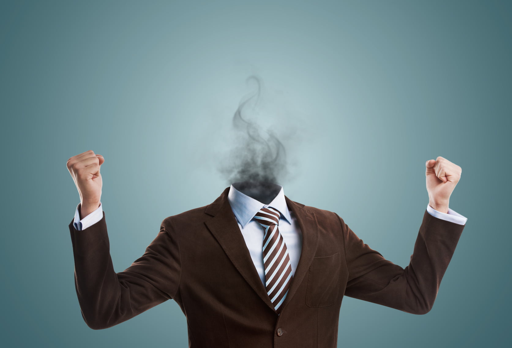 Overworked burnout business man standing headless with smoke ins